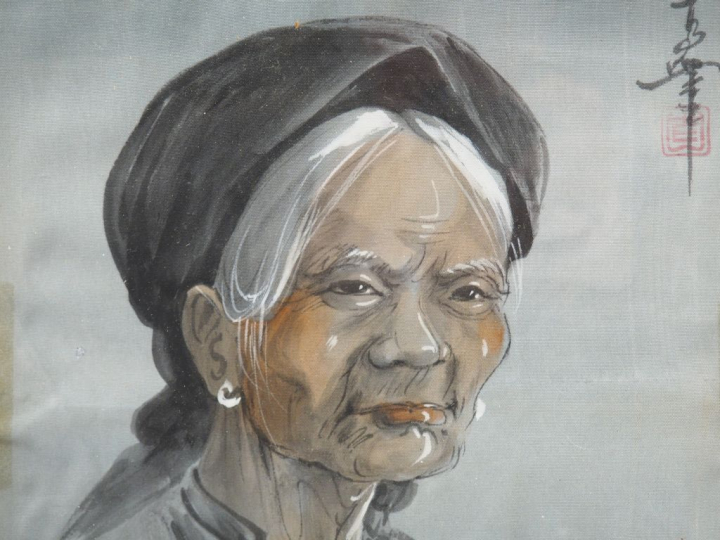 Ecole vietnamienne XXème "Portrait de femme" Peinture sur soie.  Signé