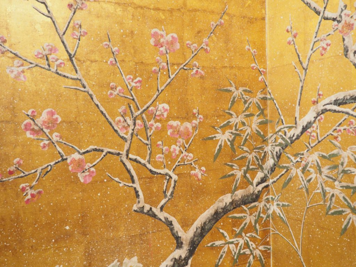 Paravent byobu à deux feuilles, à décor sur fond or d'une cerisier en 