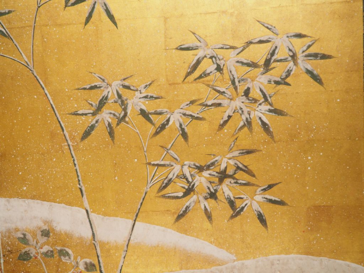 Paravent byobu à deux feuilles, à décor sur fond or d'une cerisier en 