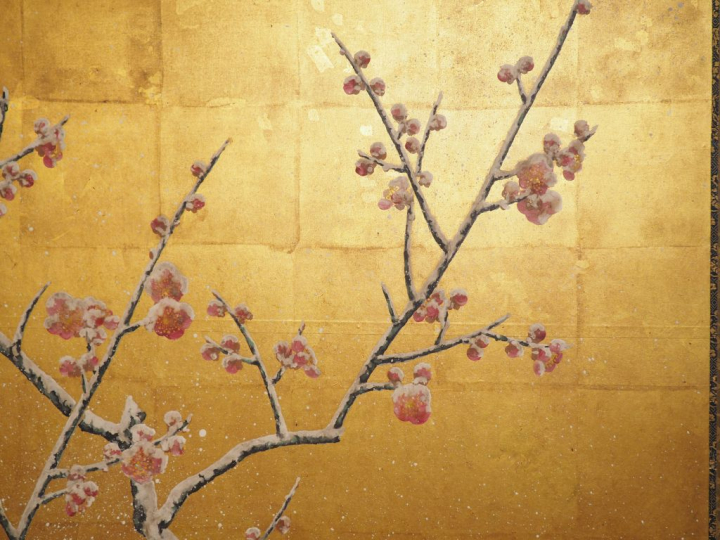 Paravent byobu à deux feuilles, à décor sur fond or d'une cerisier en 