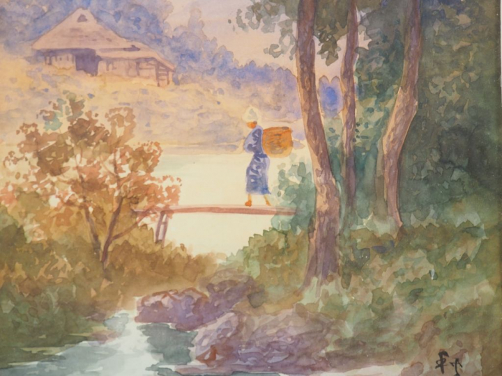 Deux aquarelles encadrées représentant des jeunes paysannes traversant