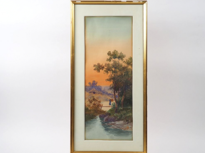 Deux aquarelles encadrées représentant des jeunes paysannes traversant