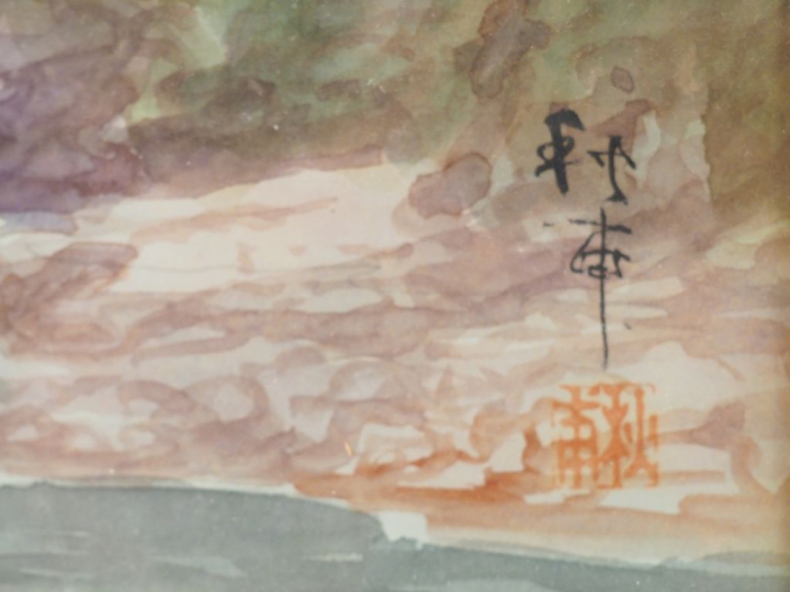 Deux aquarelles encadrées représentant des jeunes paysannes traversant