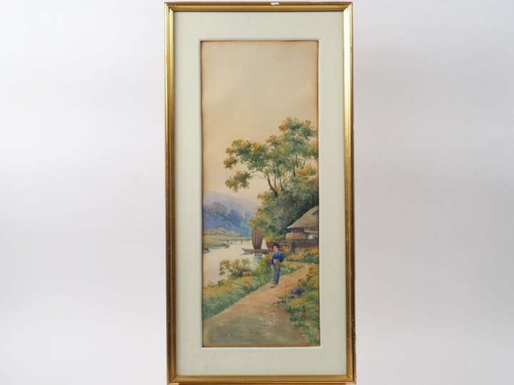 Deux aquarelles encadrées représentant des jeunes paysannes traversant