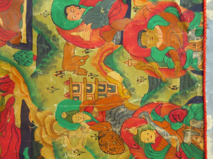 Tanka représentant le bouddha Cakiamoni assis sur un lotus entouré de 