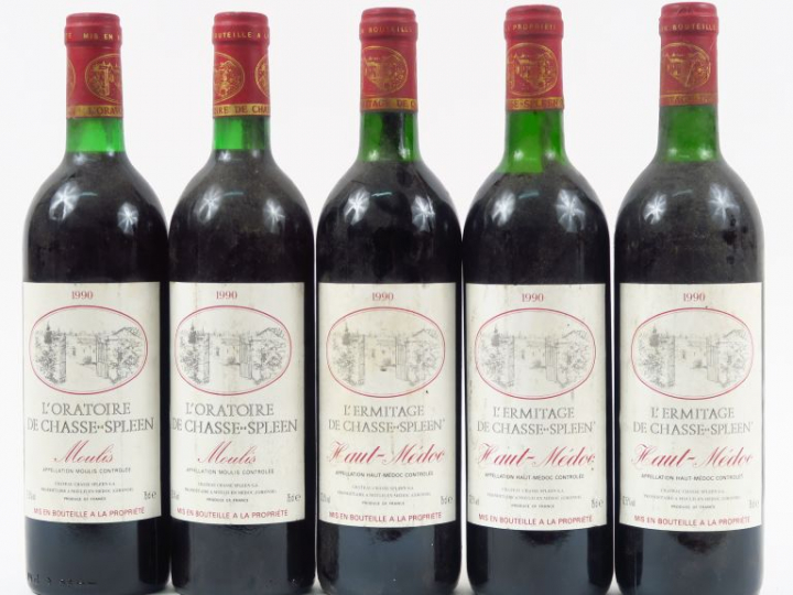 5 BOUTEILLES 1990 : 2 L'ORATOIRE DE CHASSE SPLEEN BG - 3 L'ERMITAGE DE