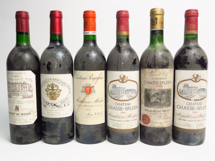 6 BOUTEILLES MOULIS : 3 CHÂTEAU CHASSE SPLEEN 1 de 1965 MEP/2 de 1990 