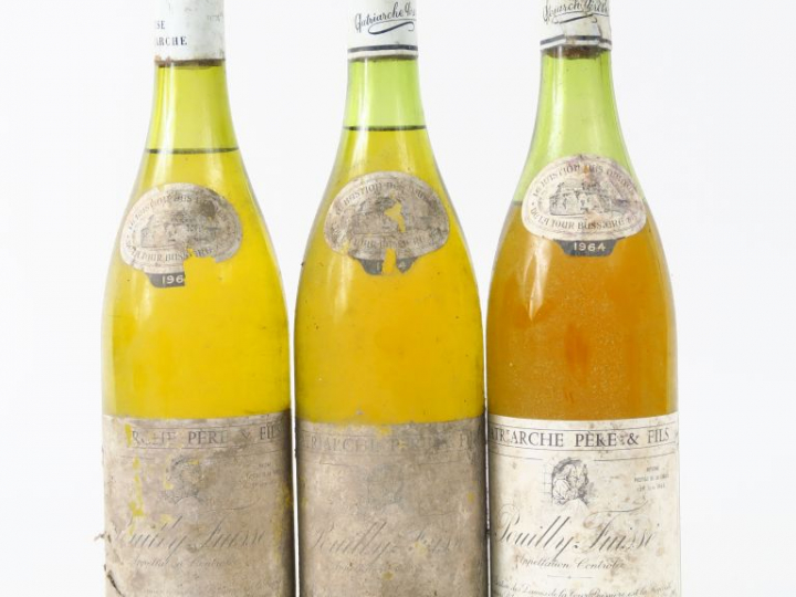 3 BOUTEILLES POUILLY FUISSE PATRIARCHE - 1964 - 2,5 CM/3,5 CM/ 5,5 CM/