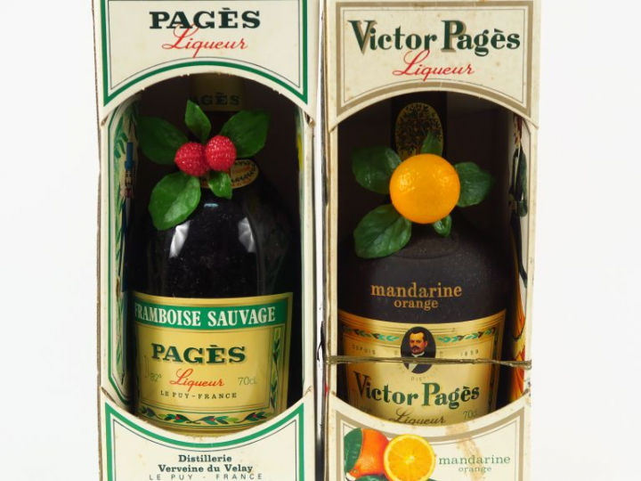 2 BOUTEILLES LIQUEUR PAGES : 1 FRAMBOISE SAUVAGE - 1 MANDARINE ORANGE 