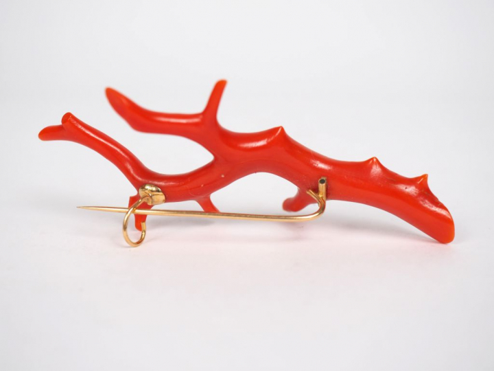 Broche à décor d'une branche de corail. Monture or jaune.  Long. 8 cm 