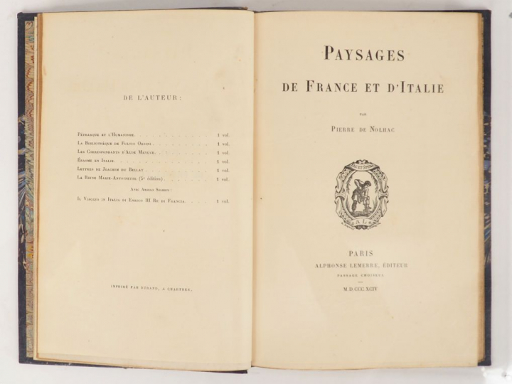 NOLHAC (Pierre de). Paysages de France et d'Italie. Paris, Lemerre 189
