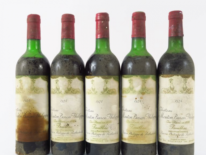 5 BOUTEILLES CHÂTEAU MOUTON BARON PHILIPPE GCC PAUILLAC - 1974 - 3 HEP