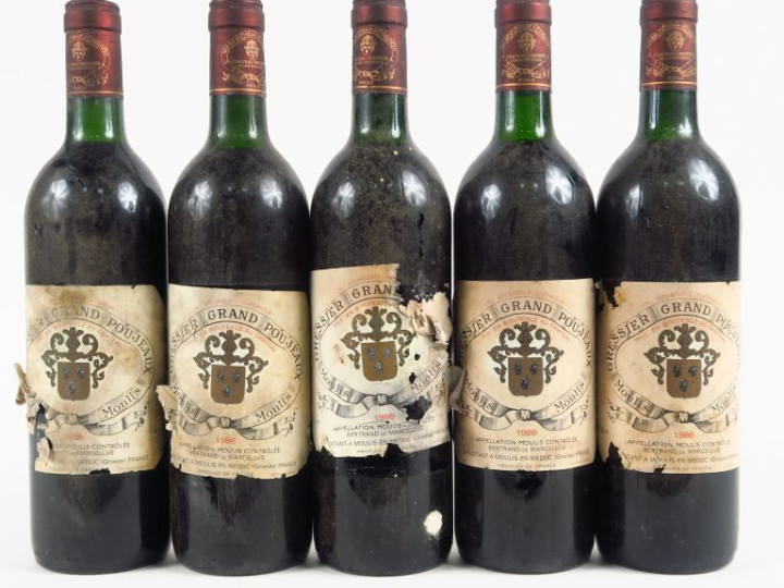 5 BOUTEILLES CHÂTEAU GRESSIER GRAND POUJEAUX MOULIS - 1986 -LB/EA