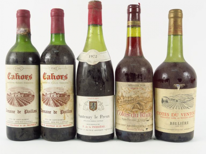 5 BOUTEILLES : 1 SANTENAY LE PREUX 1972 6,2 CM - 2 CAHORS DOMAINE LE P