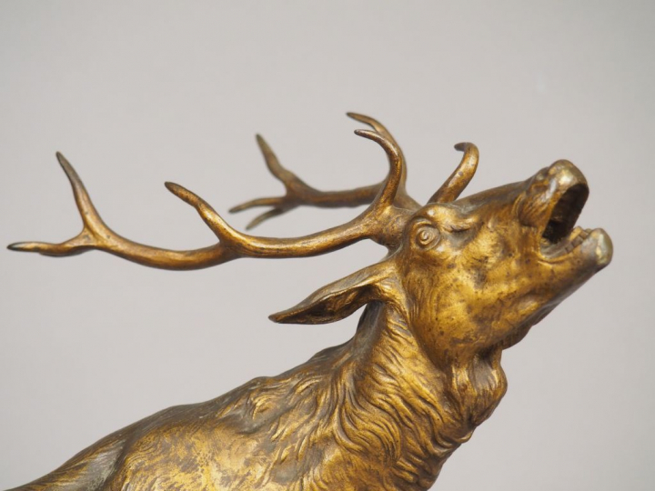 VALTON. "Cerf bramant" Sculpture en bronze à patine médaille et brune.