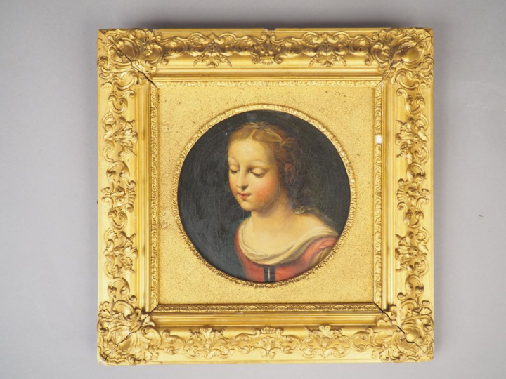 Ecole italienne XIXème "Portrait de jeune fille à la robe rouge". Huil