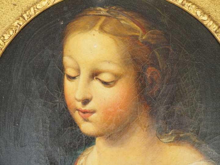 Ecole italienne XIXème "Portrait de jeune fille à la robe rouge". Huil