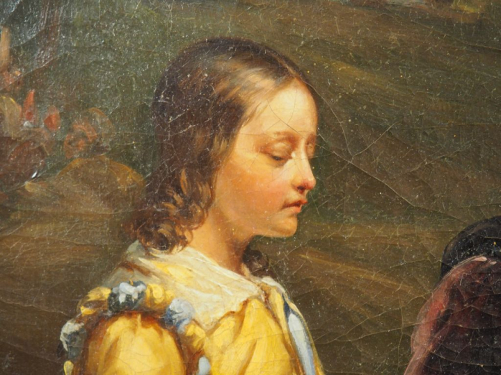 Ecole française XIXème "La présentation".  Huile sur toile. Dim. 55,5 