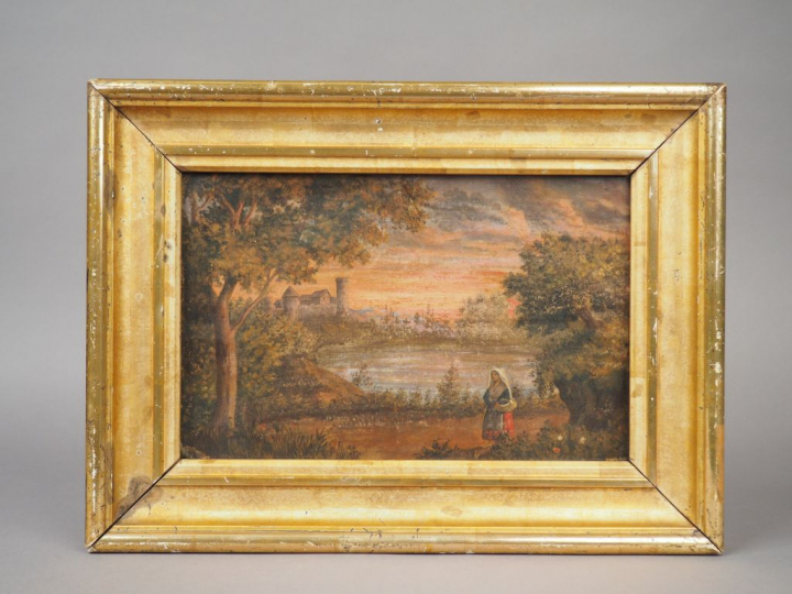 Ecole française XIXème "Jeune bergère près d'un château".  Huile sur c