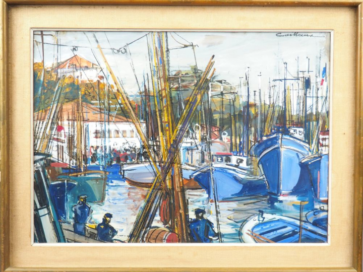 R. CAILLAUX. "Le port de St Jean de Luz". Gouache, signée en haut à dr