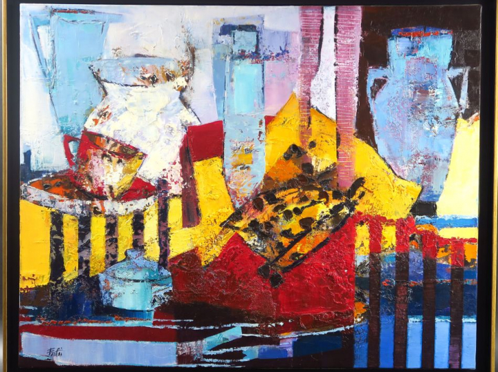 FANTINI. "Nappes à rayures".  Huile sur toile, signée en bas à gauche 