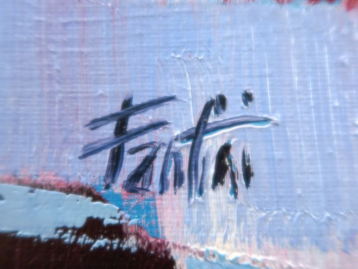 FANTINI. "Nappes à rayures".  Huile sur toile, signée en bas à gauche 