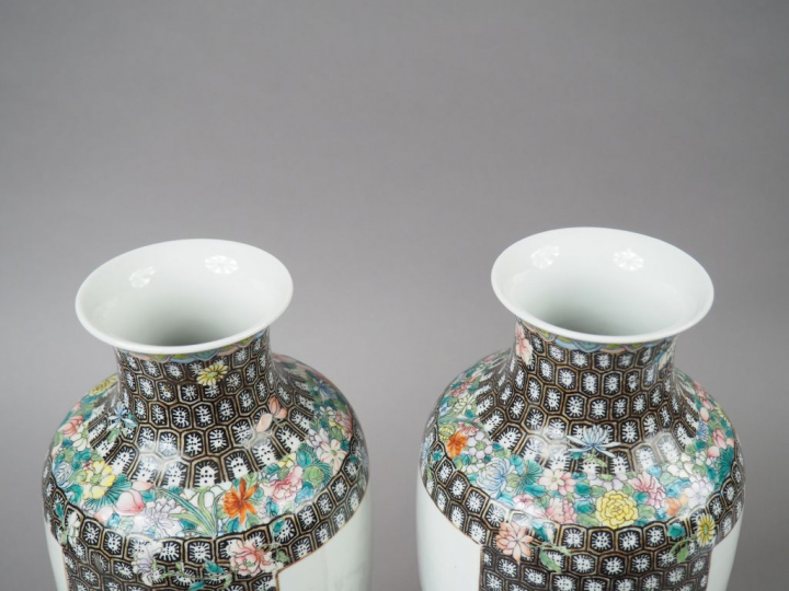 Paire de vases de forme ovoïde en porcelaine et émaux de la famille ro