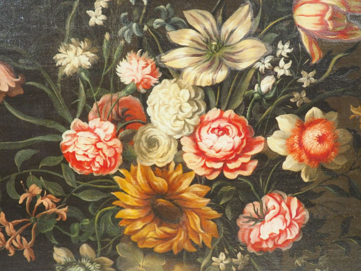 	Ecole XVIIème. "Bouquet de fleurs dans un vase". Huile sur toile.  Di