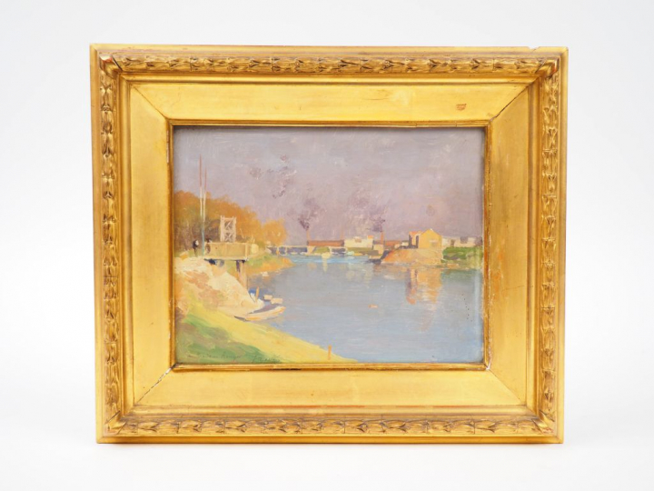 Joseph Paul MESLÉ. "Paysage fluvial". Huile sur panneau signée en bas 