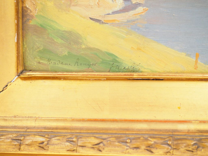 Joseph Paul MESLÉ. "Paysage fluvial". Huile sur panneau signée en bas 