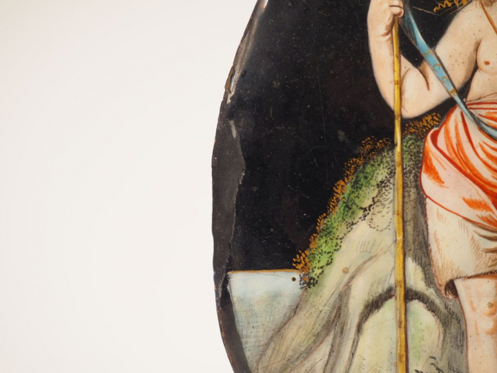 Plaque ovale en émail peint polychrome représentant saint Jean-Baptist