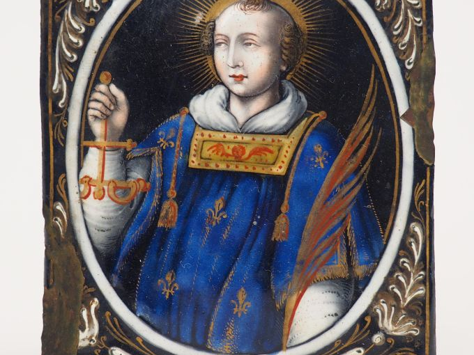 	Plaque en émail peint polychrome représentant saint Léonard dans un m