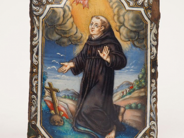 Plaque en émail peint polychrome avec rehauts de dorure représentant s