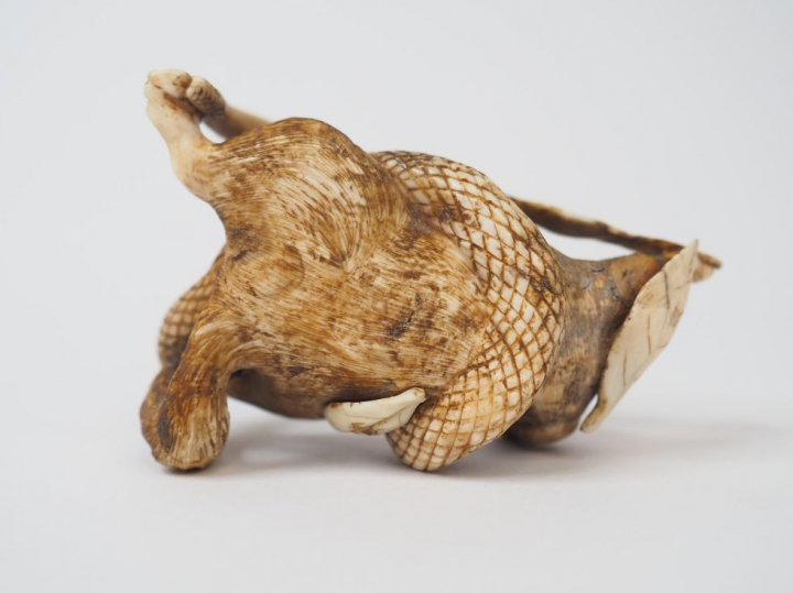 Petit okimono en ivoire marin "Rongeur aux prises avec un serpent".  J