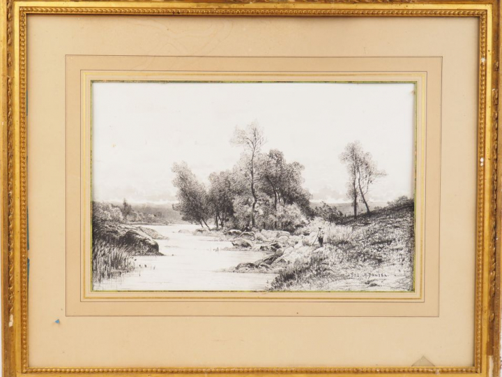A. DONZEL « Pêcheur au bord de la rivière ». Dessin au fusain.  Signé 