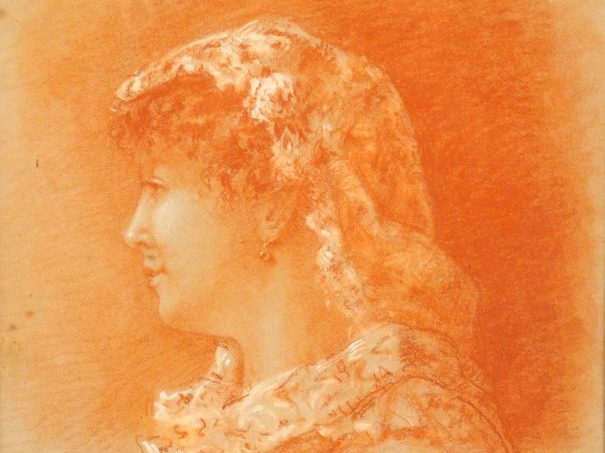	M. DURAND CLAYE. « Portrait de jeune femme de profil » Dessin à la sa