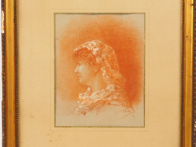 	M. DURAND CLAYE. « Portrait de jeune femme de profil » Dessin à la sa