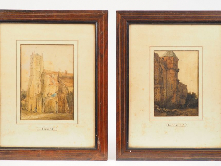 	L. FRANCIA . « Vues d’église » et « Le rempart » Deux aquarelles. L’u