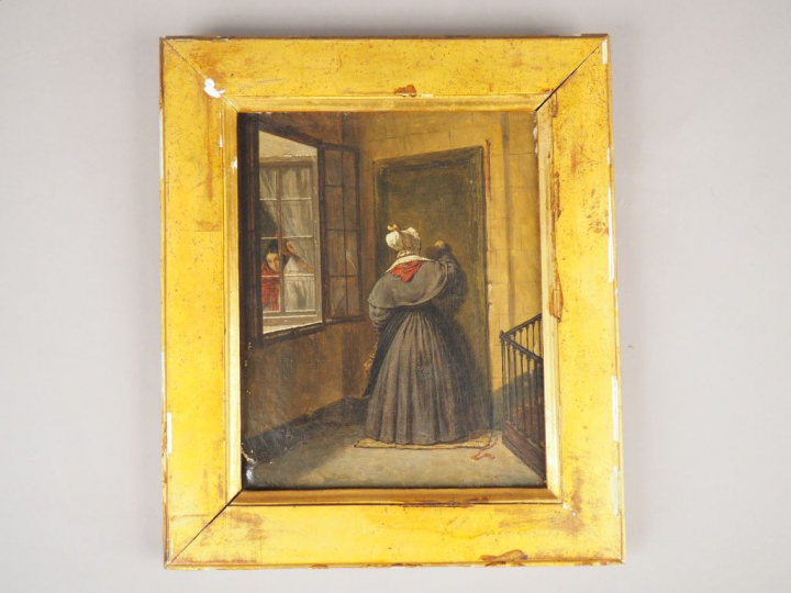 Alphonse LAVAUDAN  "Visite imprévue" Huile sur toile.  Signée en bas à