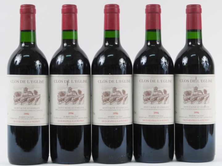 5 BOUTEILLES CLOS DE L'EGLISE H. TAUZIAC MONTAGNE ST EMILION - 1996