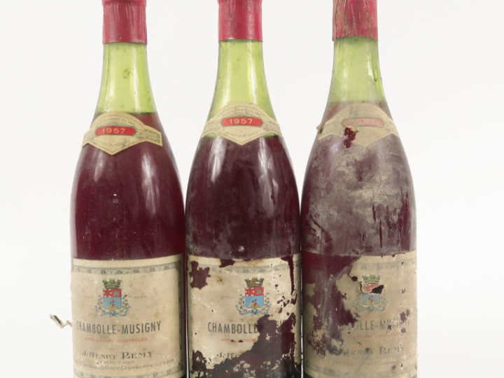 3 BOUTEILLES CHAMBOLLE MUSIGNY J. HENRY REMY - 1957 - 4 CM/5 CM/6 CM/E