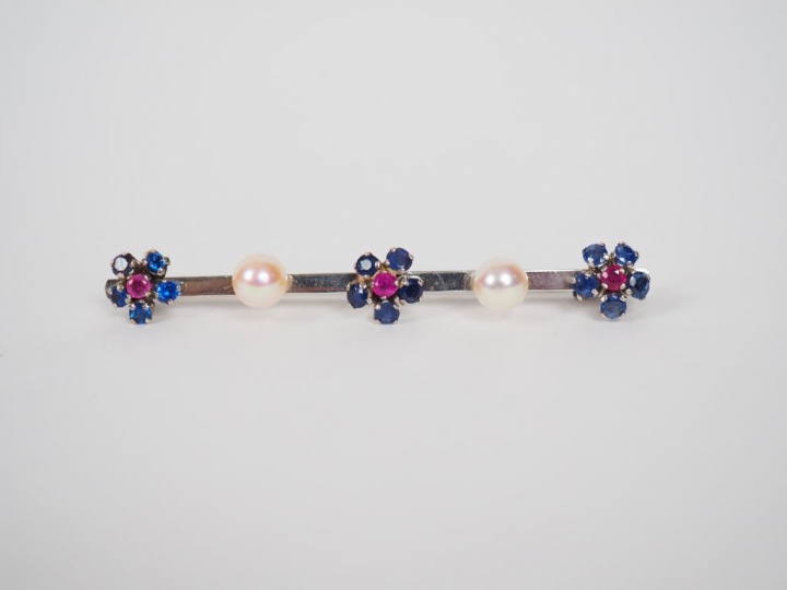 Broche barrette en or blanc, pierres de couleur et perles, à décor de 