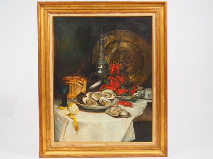 Henri CAUCHOIX.  'Nature morte aux crustacés'. Huile sur toile, signée