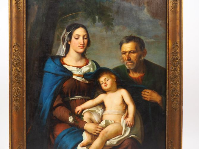 CAZABON. 'La Sainte Famille'. Huile sur toile, signée en bas à gauche.