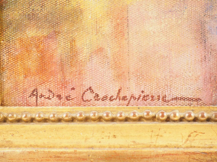 	André CROCHEPIERRE. 'Portrait d’élégante au châle blanc'. Huile sur t