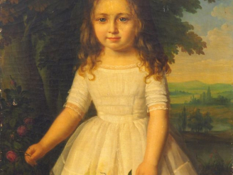 Vente aux enchères 	Jules de LACGER. 'Portrait de fillette tenant des roses'. Huile sur t