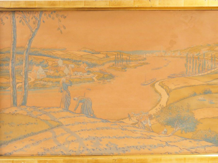 Henri RIVIERE.  "Paysanne en bord de rivière en bretagne". Lithographi
