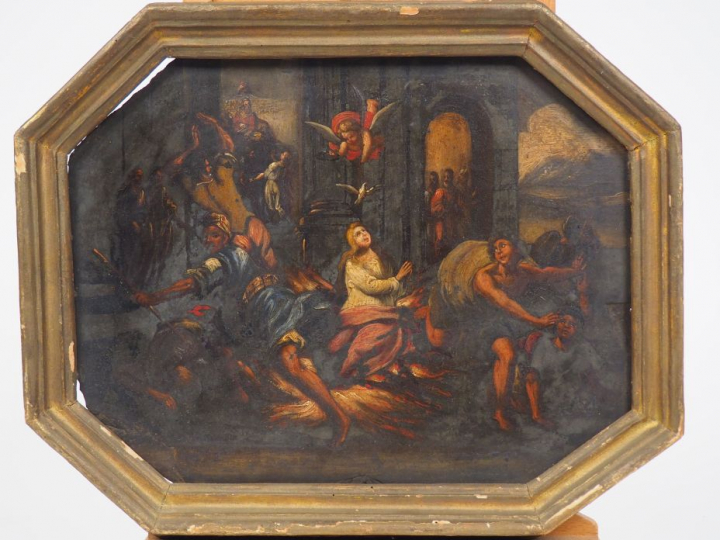 Ecole française XVIIème  "Scène religieuse"  Peinture sur ardoise 30 x