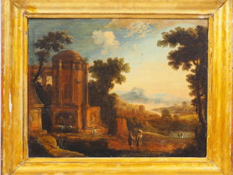Vente aux enchères Ecole française XIXème  "Paysage animé" Huile sur toile. Signée en bas