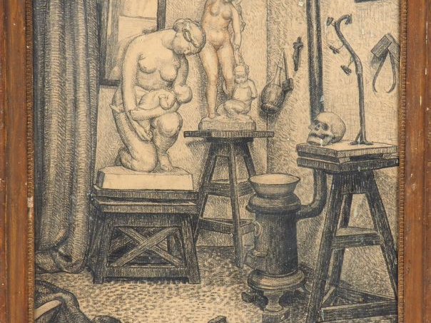 Ecole française XXème  "L'atelier de sculpteur" Dessin au fusain. Sign